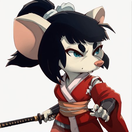 score_9,score_8,score_7,source_furry,
<solo:1.5>,
<1girl:1.5>,
1girl, akane_curse_sea_rats, akane_rat, black hair, blue eyes, braid, furry, furry female, holding weapon, japanese clothes, katana, rat girl, sword, white background,
<lora:Akane_Curse_of_the_Sea_Rats:1> akane_curse_sea_rats