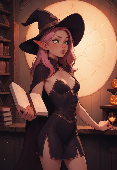 safe_pos, safe_pos, score_9, score_8_up, score_8, 1 elf girl, solo, leu_hanna_1, sexy witch girl, perfect face, thick eyeliner, small breasts, long pink hair, green eyes, witch outfit, witch hat, indoors, library, cowboy shot, (casting magic spell), holding book, magic aura, glowing particles, dynamic pose, detailed background, dynamic angle, volumetric lighting, cinematic lighting, jack o lantern in background