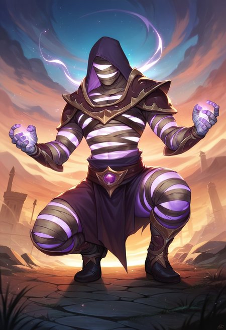score_9, score_8_up, score_7_up, score_6_up, ultra quality, smooth_outlines, source_cartoon, 1boy, hood, etherealxl, (Ethereal body), (magical creature), no humans, magical body, ((no skin)), wrapped in bandages, mummy, eyeless, mouthless, solo, posing, random pose, squatting, action shot, armor, 4k, hi res, sky background
