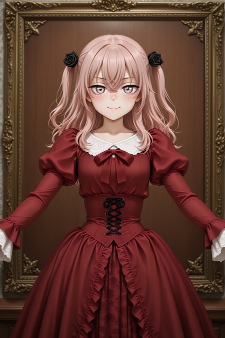 masterpiece, best quality, amazing quality, 1girl, solo, makeup, general, looking at viewer, blush, cowboy shot, smile, boutique, indoors, fancy, blush, lovely, spread arms, looking at viewer, <lora:sajuna-inui-s1-illustriousxl-lora-nochekaiser:1>, sajuna inui, inui sajuna, long hair, bangs, hair ornament, hair between eyes, pink hair, pink eyes, two side up, crossed bangs, black flower, black rose, mature female, small breasts, <lora:Victorian_Whim_Velvet_Dress:1>, Victorian_Whim_Velvet_Dress, long dress, red dress, puffy long sleeves, juliet sleeves, frills, red bow, red ribbon, floral print, cross-laced clothes, corset, <lora:wai-2Rectified-V140:1>, <lora:illustrious_noobai_epsilon_pred_1_masterpieces_v1:1>