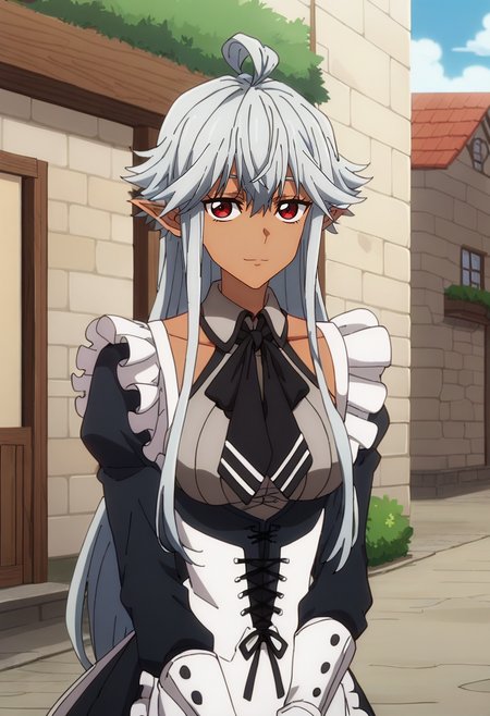 score_7_up, anime screencap,
<lora:ShinmaiOssanBoukensha_ReanetteElfeltXL:0.8>, ReanetteElfelt,
1girl, solo, light smile,
dark skin, grey hair, red eyes, long hair, pointy ears, ahoge,
maid, maid headdress, black dress, frills, clothing cutout, black neckerchief, corset, apron, white gloves,
standing, looking at viewer,
outdoors, street, medieval