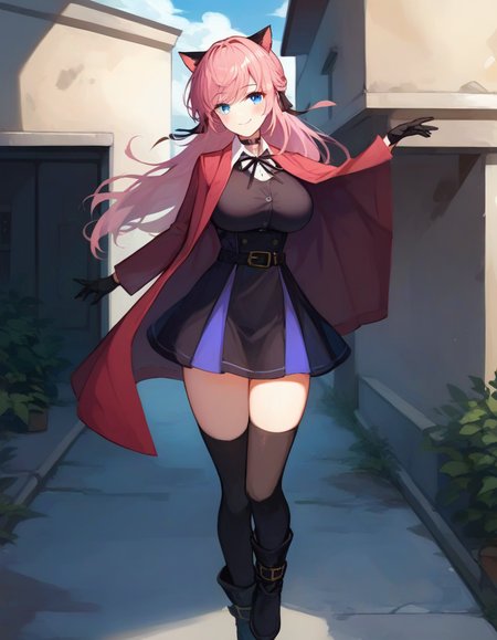score_9,score_8_up,score_7_up,score_6_up BREAK official art,solo,outdoors,smile,cowboy shot,looking at viewer,facing viewer,Vivi,cat ears,long hair,pink hair,hair ribbon,black ribbon,sidelocks,bangs,blue eyes,choker,red coat,black dress,collared shirt,white shirt,shirt under dress,neck ribbon,white button,long sleeves,black gloves,large breasts,black belt,black thighhighs,zettai ryouiki,boots,black footwear,<lora:Vivi(v atmi)-Pony:1.4>,<lora:Smooth Anime Style LoRA XL:0.8>,