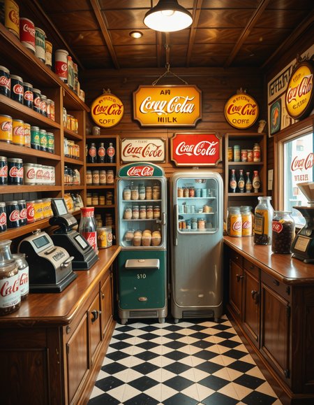 A vintage 1950s grocery store filled with nostalgic details. Wooden shelves neatly stocked with classic canned goods, glass soda bottles, and colorful retro packaging. An old-fashioned cash register sits on the wooden counter, next to a small scale for weighing produce. The checkered black-and-white tile floor adds to the mid-century charm, while hand-painted signs on the walls advertise milk, bread, and coffee in bold, retro fonts. A display of penny candy in glass jars sits near the entrance, and a vintage Coca-Cola refrigerator hums in the background. Soft, warm lighting casts a nostalgic glow over the scene, enhancing the rich textures of wood, glass, and metal, capturing the essence of a bygone era.
<lora:SDXLFaeTastic2400:0.4> <lora:extremely_detailed:0.4> extremely detailed
,1950s grocery st0r3, <lora:1950s_grocery_st0r3-i:1>, Masterpiece,best quality,hi res,8k,hi res,8k,award winning,(sharp focus, intricate, highly detailed),