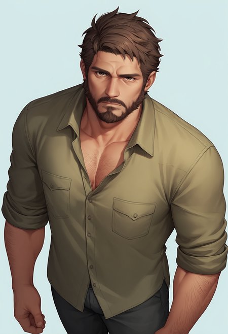 score_9, score_8_up, score_7_up, score_6_up, score_5_up, score_4_up, 1boy, <lora:JoelMillerTLOU1:0.7>, solo, muscular male, adult male, brown hair, short hair, facial hair, beard, arm hair, collared shirt, sleeves rolled up, pants, boots, upper body, from above, looking at viewer, 
(light blue background),  simple background