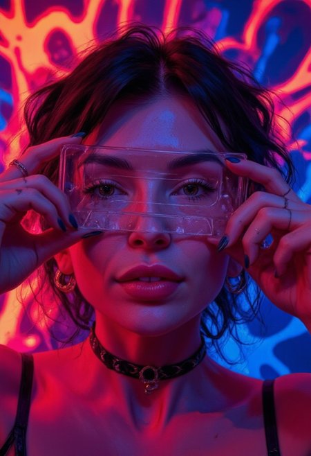 A close-up of a woman holding a transparent cassette tape in front of her face. The cassette is positioned perfectly in the center, directly in front of her eyes, obscuring her facial features. Her nails are painted dark blue, and she is gripping the edges of the cassette with both hands. The womanas lips are painted dark, and she is wearing a black choker with a silver ring in the center. Her hair is styled into short black pigtails, with some strands falling over her forehead. The lighting is vibrant and neon, casting shades of red, blue, and purple across her face, hands, and the cassette tape. The background is a mix of abstract neon lights, featuring bold and glowing red and blue lines, creating a dynamic, futuristic atmosphere.  <lora:FLUX-daubrez-DB4RZ:0.8> DB4RZ, DB4RZ style painting,  <lora:ILLUSTRATION_2_FLUX v2:0.53>