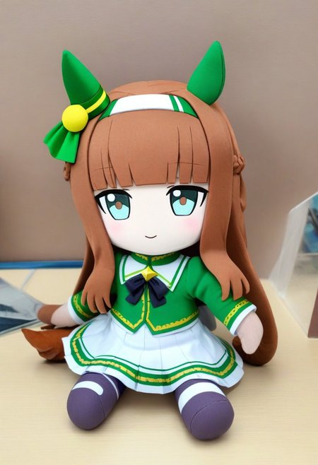 character doll,chibi, sitting, full body,
1girl, SilenceSuzuka, horse girl, green horse ears, green ear covers, horse tail, turquoise eyes, flat chest, slender, hime-cut, orange long hear, blunt bangs, shiny hair, white hearband, hair ornament, darkpurple
 gloves,puffy sleeves, darkpurple pantyhose, green long_sleeve_shirt, drakpurple bowtie, pleated skirt, white skirt, asymmetrical footwear, mismatched footwear, white footwear,looking at viewer,amusement arcade
