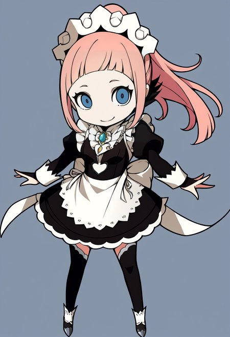 score_9, score_8_up, score_7_up, source_anime, BREAK, solo, 1girl, looking at viewer, smile, <lora:PQ-Style-pdxl_Fp:1>, simple background, full body, chibi,  <lora:felicia-fe-richy-v2_pdxl:0.8>, flcdf, blue eyes, pink hair, long hair, ponytail, maid headdress, black feathered collar, blue brooch, breasts, maid, juliet sleeves, maid apron, bridal gauntlets, black thighhighs,