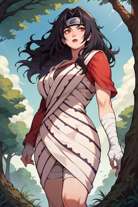 score_9, score_8_up, score_7_up, score_6_up, source_anime, 1girl, solo, <lora:kurenaiyuhi-pdxl-nvwls-v1-000005:1> kurenai, red eyes, black hair, long hair, forehead protector, lipstick, fishnet top, single sleeve, white dress, bandages, bandaged arm, toeless footwear, big breasts, looking to the side, blue sky, trees, clouds, standing
