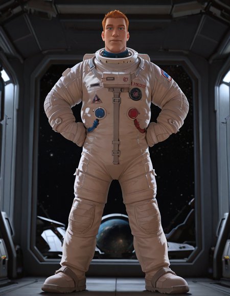 cinematic_depth, 8k, soft_lighting, warm_glow, ultra_high_quality, masterpiece, best quality, newest, perfect quality, best quality, detailed background, intricate details, male focus, solo, realistic, <lora:Planet 51 - Chuck Baker - Illustrious-000006:0.7>  c_baker, 1boy, tall male, red hair, blue eyes, solo, full body, looking at viewer, spacesuit, indoors, spacecraft, window, space, stars, hands on own hips