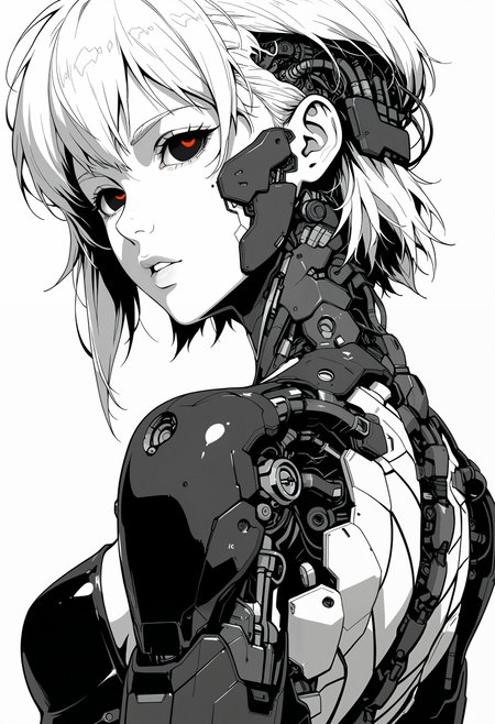 masterpiece, best quality, good quality, very aesthetic, absurdres, newest, 8K, depth of field, focused subject, ghost in the shell aesthetic, monochrome, black and white, line art, sketch style, technical drawing, closeup quarter upper body shot, from behind, almost from side, 1girl, cyborg, gynoid, face focus, segmented face with panel lines, dark vacant eyes, looking back, parted lips, intricate exposed mechanical components above cranium, cyberpunk, high contrast black and white background, clinical atmosphere.