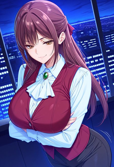 masterpiece, best quality, newest, highres, uncensored, 1girl, yokota mamoru style,motion lines,1girl,Natsuno Ai,Brown Hair, Hair Parted to Side, Sidehair, Spiky Bangs, Straight Hair, Waist Length Hair,Amber Eyes,Big Breasts, Slim, Young-adult, Young-adult，masterpiece, best quality,  half updo, bow, long sleeves, vest, ascot, white ascot, red vest, collared shirt, gemstone,, city skyline, rooftop view, night time, city lights, quiet reflection, smile, looking at viewer, crossed arms, smug, solo,, dutch angle, cowboy shot