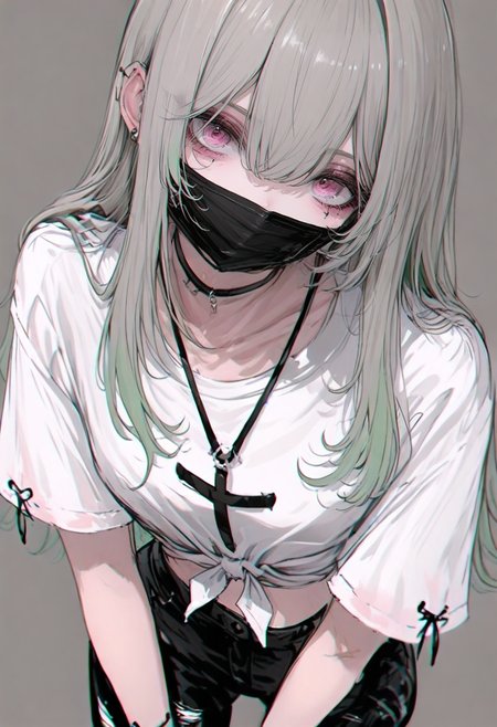 1girl, solo, mask, mouth mask, shirt, long hair, looking at viewer, white shirt, jewelry, piercing, ear piercing, choker, simple background, short sleeves, necklace, grey hair, black pants, grey background, pants, hair between eyes, bangs, pink eyes, green hair, black choker, tied shirt <lora:748cmXL_il_lokr_V5311P:0.95>