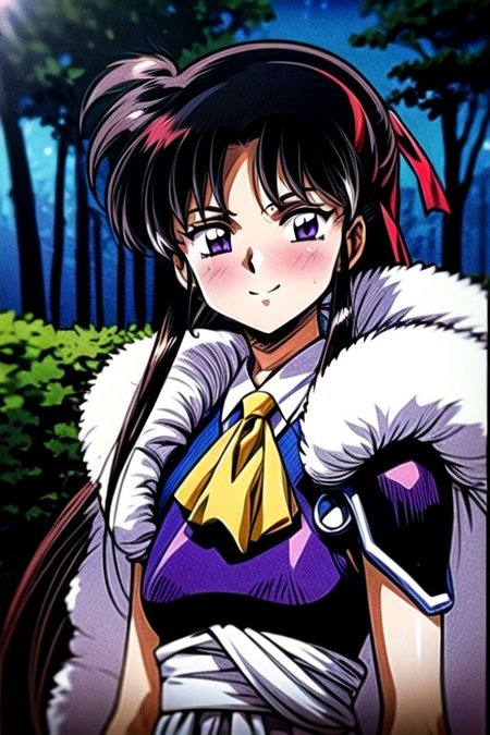 best quality 1girl Setsun4 solo long hair,  (night time) forest background black hair very long hair purple eyes multicolored hair armor, small, (fur trim) (medium body),<lora:EMS-179-EMS:0.800000>,<lora:EMS-293862-EMS:0.800000> bow, hair_bow, hair_tubes, red_bow, brown_hair, long_hair, bangs, ascot, frilled_bow, yellow_ascot, blush, smile, hair_between_eyes, athletic, armor, miko,  Smiling, happy, dragoon helmet, (helmet)