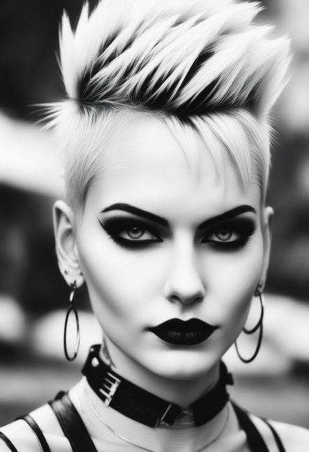 a black and white photo of a woman with a mohawk, by Shani Rhys James, tumblr, very very pale blond hair, iren horrors, shaved sides short top, eighties look, amy sol in the style of, gothic makeup, fluffy'', diesel punk female, clean shaved, edited