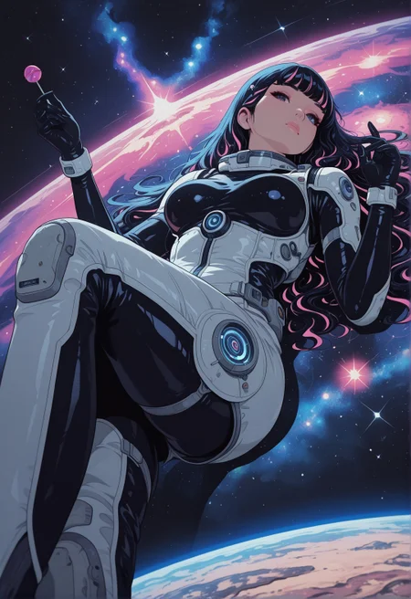 masterpiece, best quality, good quality, very aesthetic, absurdres, newest, 8K, depth of field, focused subject, 1girl, sci-fi, floating, space, lollipop in hand, sexy space suit, stars, lying on space nebula, lying on galaxy, swirl, neon hair, long hair, dynamic angle, floating, flying, hyper space, 
,in the style of cksc,
 <lora:ck-shadow-circuit-IL:1>