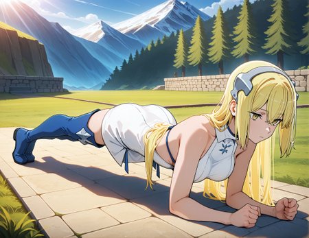 masterpiece,best quality,amazing quality,very aesthetic,absurdres,newest, huge filesize,
<lora:spo_sdxl_10ep_4k-data_lora_webui:0.5>,
<lora:add-detail-xl:1>
 1girl, planking, exercise, clenched hands, <lora:Planking_XLPD:0.9>, full body, 
<lora:DANMACHI_V2:0.8>
danmachiV2, 
high place, low stone wall,
Fortified walkway with battlements,
Wide stone-paved pathway,outdoors,sunlight, 
Mountain background,
BREAK
bare shoulders,   aiz wallenstein(danmachi), 
expressionless, 
blonde hair,
long hair,
thighhighs,
yellow eyes,
boots,blue thigh boots female,
dress,zettai ryouiki
d_ais,