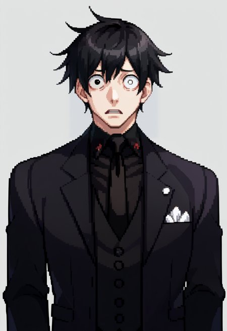 score_9, score_8_up, score_7_up, source_anime, BREAK ,solo, 1boy, looking at viewer, <lora:Ace-Attorney-Portraits-pdxl_Fp:1>, portrait, pixel art, simple background, upper body, <lora:oc_justtnp_ponyXL:1>, justtnp, heterochromia, black eyes, white eyes, formal, black jacket, black vest, black necktie, black gloves, black hair, short hair, wide-eyed, surprised,