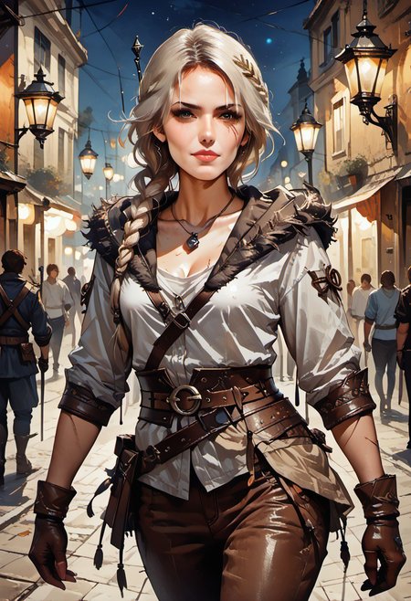 score_9, score_8_up, score_7_up, (zPDXL3), female, face portrait, concept art, realistic,
1girl, solo, mature woman, cw4, 1girl, white hair, green eyes, scar, long hair, hair over shoulder, braid, single braid, hair ornament, scar, scar on face, scar across eye, lips, closed mouth, armor, slim waist, breasts, medium breasts,  sheathed, sheath, leather, pauldrons, fur trim, gloves, brown gloves, pants, brown pants, pouch, belt, boots, jewelry, necklace, hood, hood down, weapon, weapon on back, sword, sword behind back, ethereal beauty, looking at viewer, fantasy city street, night, lanterns, beautiful, cowboy shot, sexy, cocked hip,