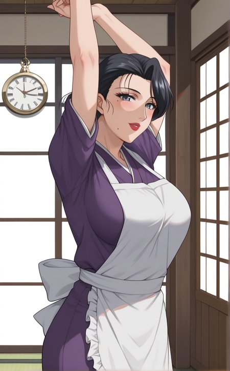 score_9, score_8_up, score_7_up, 1girl, ahoge, alarm clock, arms up, blush, clock, indoors, looking at viewer, parted lips, solo, standing,  stretching, window, window shade, sunlight,  <lora:PONYXL_MistreatedBride_SumieTakayanagi_ownwaifu:1>, BREAK WhiteApron_SumieTakayanagi_ownwaifu, 1girl, black hair, breasts, grey eyes, japanese clothes, lipstick, makeup, mature female, mole under mouth, red lips, white apron, kimono, single hair bun, apron, kappougi, hair between eyes, large breasts, <lora:add-detail-xl:0.15>,