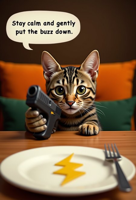 A curious tabby cat peeks over the edge of a wooden table, its head and upper body visible. The cat holding glock gun. The cat has distinct stripes and large, expressive eyes. Text bubble above its head written "Stay calm and gently put the buzz down." In the foreground, a white plate with An object in the shape of yellow lightning icon and a fork are partially visible. The background features cushioned chairs in shades of orange and green, creating a cozy dining atmosphere.