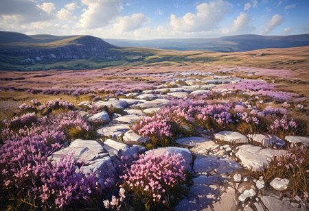Limestone Pavement, valley, heather moorland, Yorkshire Dales, windy,  ((Highest quality:1.0),(High resolution:1.0), (masterpiece:1.0), (ground level view:0.6, viewer looking up:0.6), beautiful and aesthetic:1.3), extreme detailed, colorful, highest detailed,((ultra-detailed)),(highly detailed CG illustration),,
