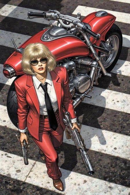 juangimenez1 illustration. 
Overhead shot of a Blonde woman walking away from a futuristic motorcycle parked at a zebra crossing. The woman has bob hair, is smoking. She wears a red business suit, white shirt, black tie, and sunglasses. She holds a gun with a confident grip. The motorcycle itself is red, sleek and metallic, with intricate designs and a futuristic vibe  <lora:juangimenez1_cap_d8a4e12:1.0><lora:857662344950463729:0>