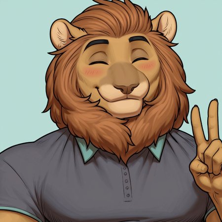 score_9, score_8_up, score_7_up, Expressiveh, masterpiece, best quality, highly detailed, realistic,  1boy, solo, (LuisMH, furry, anthro, lion, brown hair, brown mane, black eyebrows, tan body, tan fur, muscular male, grey shirt, green collar band, clothed), upper body, close-up, (((blue background, simple background)), smile, looking at viewer, eyes closed, closed mouth, (peace sign, 5 fingers), blushing