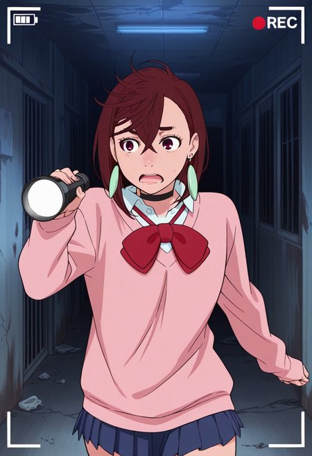 Score 9, Score 8, Score 7, Masterpiece, Superior Quality, Amazing Quality, Masterpiece, Maximum Quality, Ultra-detailed, Alone, White Frame, Maximum Contrast, Saturated Color, Bright Colors, Dynamic Lighting, alone, 20 years old, female body,
ayase_momo,
ayasemomo, hair between eyes, crossed bangs, green earrings,  brown hair, red eyes, black choker, short hair, white shirt, red bowtie,pleated skirt,school uniform, pink cardigan, long sleeves,
recording video, in an abandoned hospital, at night, scared, running, flashlight in hand,
