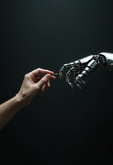 A hyper-realistic, cinematic scene featuring two hands in a moment of connection. On the left, a human hand extends gracefully, holding a fine paintbrush with precision. The brush is perfectly positioned between the fingers, securely and naturally gripped, with no awkwardness in its placement. Every detail of the hand is meticulously crafted—textured skin, visible veins, and subtle muscle definition. On the right, a robotic hand reaches out, its metallic joints and polished surfaces gleaming. A small gap separates the two hands, creating a sense of anticipation as they near connection. The hands are perfectly designed, with precise attention to detail, avoiding any flaws. Soft, dramatic lighting from above highlights the hands, making them the focal point of the minimalist, dim background