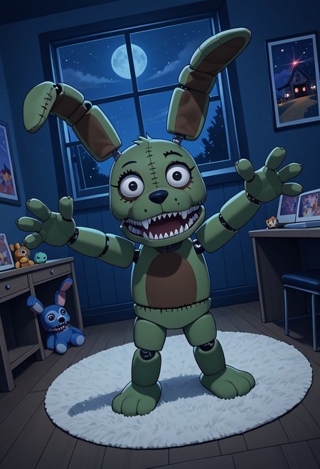 score_9, score_8_up, score_7_up, solo male, (high-angle view:1.1), pov, PlushtrapFNAF, rabbit ears, scut tail, teeth, wear and tear, green fur, petite, barefoot, 4 fingers, perfect hands, (large head:1.1), shortstack, small body, sharp teeth, fuzzy, plush body, seam \(sewing\), stitch \(sewing\), animatronic, glowing eyes, crooked whiskers, ragged, withered, 
masterpiece, detailed face, looking at viewer, smile, open mouth, nervous, knock-kneed, cocked head, zPDXL3, dark house, inside, nighttime, night, raised arms, hands up, reaching towards viewer, bedroom, carpet, chair, standing, living plushie, detailed background, dutch angle, spooky, perspective, side view