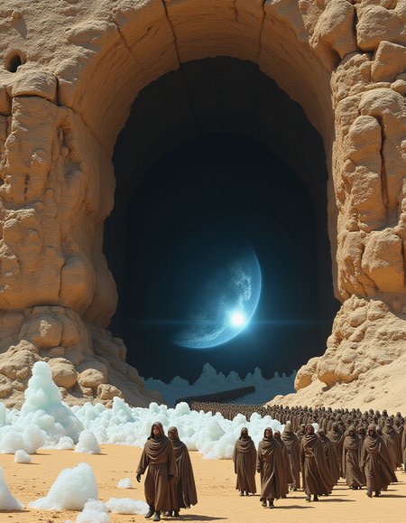 an arch shaped doorway in the side of a huge sandstone cliff
the doorway leads into a dark void, around the doorway ice tendrils spread onto the cliff,
through the void an alien planet lit by a harsh blue sun can be seen
a huge crowd of people in a long queue are walking into the void
the people are dressed in cowled brown robes