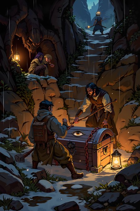 Deep beneath the surface, a group of weary adventurers digs through layers of ancient, cursed earth. Their lanterns flicker in the damp air as their shovels strike something hardâa massive, obsidian chest bound in rusted chains. A single eye, embedded in the wood, flickers open, glowing with unnatural awareness. One adventurer, sweating despite the cold, reaches forward to pry it open, while another hesitates, their instincts screaming to run. The ground beneath them shudders, as if the world itself is warning them: some things are not meant to be unearthed.<lora:XRSTYLE_FLUX:0.7><lora:RetroAnimeFluxV1:0.4><lora:MoriiMee_Gothic_Niji_Style_FLUX:0.3>