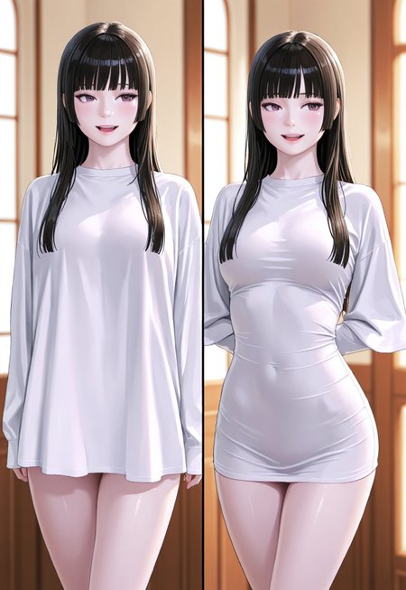 (fine fabric emphasis:1.2), (((masterpiece, amazing quality, best quality, ultra-detailed, 8K, illustration, amazing quality, newest, absurdres, realistic))), highres, very aesthetic, absurd res, hi res, very awa,  dynamic angle, refined, volumetric lighting, cinematic lighting, blurry background, close up vivid colors, ((source_realistic:1.6)), hyper detailed,
BREAK
cute face, 1girl, gothic, bangs, pale skin, hime cut, pajamasChallenge, multiple views, shirt overhang, tight shirt, taut shirt, naked shirt, looking at viewer, open mouth, smile, arms behind back, upper teeth only, cowboy shot, no pants, shy, looking away