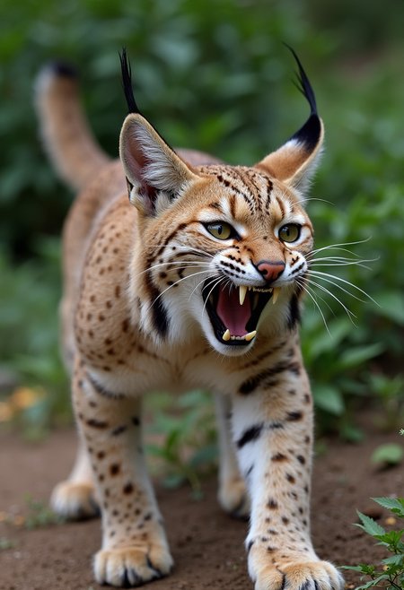 A (lynx) is in an (attack stance), mouth open, baring sharp teeth, and growling. The background of (green shrubs and dirt) highlights its wildness and aggression. Its eyes are filled with (alertness and anger), ready to confront any potential threat. This moment captures the primal instincts of a (predator) and the harsh reality of (survival) in nature.