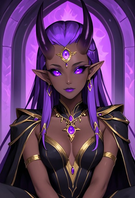te'kharoth, third eye, tail, horns, violet eyes, 1girl, solo, upper body, regal, queen, crown, sitting, throne,  colored skin, dark skinned female, silk dress, capelet, illuminated, mystical aura, expressive eyes, cinematic, masterpiece,