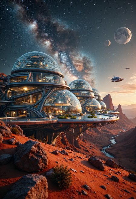 Design a futuristic moon station set on a barren, red-soiled landscape, featuring multiple massive glass domes and flat glass bubbles that are connected and span wide sections of the terrain. Beneath these transparent structures, lush green areas and advanced buildings thrive, creating a self-sustained oasis on the moon’s surface. The station is bathed in the warm glow of a setting sun, casting long shadows across the rugged terrain. In the sky, three moons hover, accompanied by a vast galactic nebula and a brilliant Milky Way stretching across the cosmic expanse. Spacecraft shuttle between the moon station and the distant moons, adding a dynamic sense of life and movement. The hyperrealistic image captures  the serene yet ethereal presence of deep space. The scene blends futuristic design with the awe-inspiring beauty of the cosmos, creating a tranquil yet otherworldly atmosphere.
 Cinematic style,  Realism, Photorealism,  High quality, analog photo, Midjourney_Whisper, Bioluminescent
