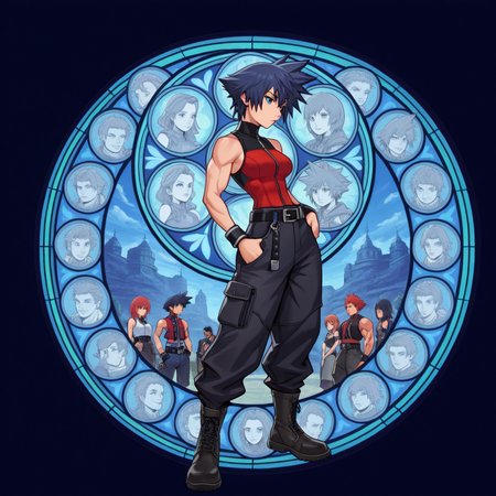 masterpiece, best quality, amazing quality, very aesthetic, absurdres, newest, 4k, 8k, 
divetotheheartxd, circle, black background, stained glass, round image, multiple boys, spiked hair, sleeveless, wristband, pants, multiple girls, belt, short hair, turtleneck, jewelry, muscular, boots
 <lora:STATION_OF_AWAKENING_V2:1>