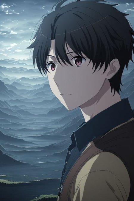 high resolution, solo, best quality, 1Boy, Inaho Kaizuka, Black Hair, existential longing, fantasy background, strong wind, OverallDetail