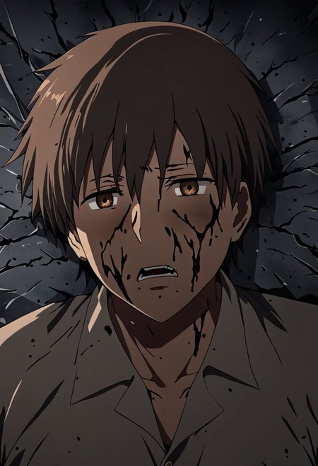 high resolution, solo, best quality, 1Boy, Takaki Toono, Brownish Hair, Brown Eyes, fell down, revenged, dying, OverallDetail