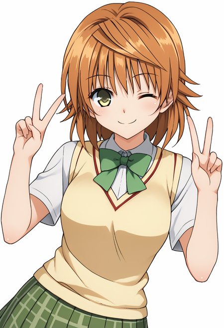 <lora:yuusaki_riko>,1girl,solo.yuusaki riko,yellow eyes,sweater vest,white shirt,short sleeves,bowtie,pleated skirt,plaid skirt,
v,smile,wink,cowboy shot,white background,
BREAK score_9,score_8_up,score_7_up,game cg,2020's,
BREAK source_anime,best quality,masterpiece,uncensored,(clear eyes:1.2),(4 finger:0.5),zPDXLpg,
