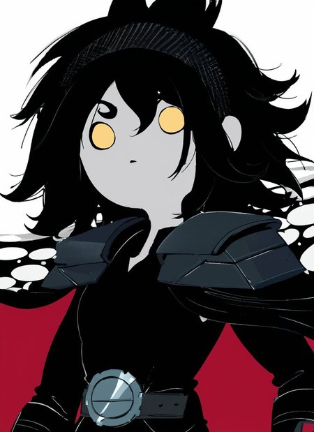 <lora:Adventure_Time_Style_LORA:1>, score_9, score_8_up, score_7_up, , adventure time style, flat color, vector ilustration, (dot eyes), round face,,,,, Trilla, 
looking at viewer,   black hair
armor,gloves, black cape,belt,(pale skin)
science fiction,sith base,girl has a cute face, lightsaber, Sith, yellow eyes
<lora:Trilla:0.6>,solo,(muscular body:1.3), black leather headband