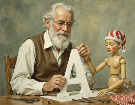 UHD, 8K, ultra detailed, a cinematic photograph of Rembrandt style This is a whimsical, hand-drawn illustration in a watercolor style. The image depicts a scene where an elderly man with white hair and a white beard, dressed in a brown vest over a white shirt, sits at a table. He wears glasses and has a kind expression. Next to him is a small wooden puppet with a round head, red cheeks, and a red and white striped hat. The puppet has a pointed nose and a small, round mouth., 
The elderly man is holding a large, white letter "A" made of paper, which the puppet is examining closely. The puppet's left hand is raised, with a small, pointed finger touching the letter. The man's right hand is supporting the letter, and he appears to be explaining the letter to the puppet., 
The table is cluttered with various craft supplies, including scissors, a small glass jar with a cork stopper, and a red and white striped piece of fabric. The background is a soft, greenish-gray, creating a cozy, indoor atmosphere. The overall tone of the illustration is warm and inviting, with a focus on the interaction between the elderly man and the puppet., <lora:Mezzotint_Artstyle_for_Flux_-_by_Ethanar:0.5>, <lora:VLADIMIRSKY:0.5> . Baroque, chiaroscuro, realistic, emotional, "flat lighting, beautiful lighting, great composition
