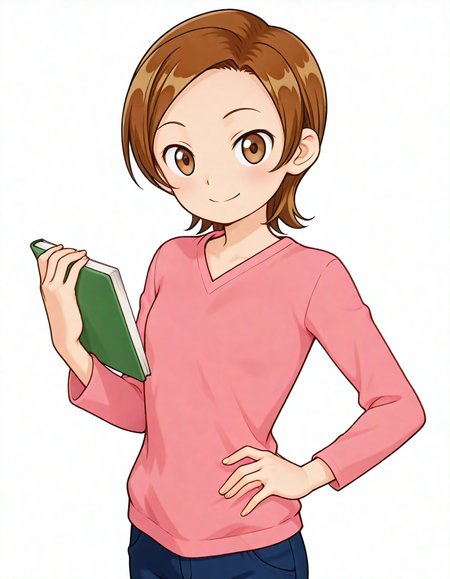 masterpiece,best quality,absurdres,official art,official style,source_anime,anime screencap,anime coloring,
<lora:Hyper-SDXL-8steps-lora:1>,
<lora:kyouhontan_IL:1>,kyouhontan,1girl,solo,brown eyes,short hair,long sleeves,pink shirt, blue pants,smile,looking at viewer,hand up, hand on own hip,holding book, cropped torso,white background,