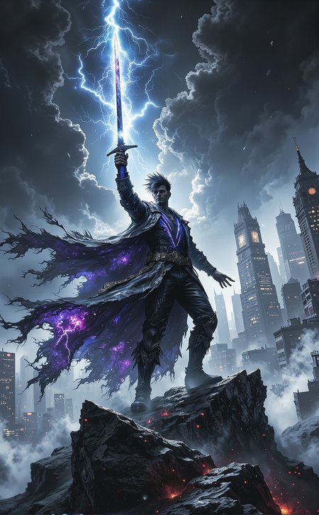 A hyper-realistic fantasy image capturing a dramatic and electrifying moment. A man in sleek, futuristic attire stands triumphantly on a rugged mountaintop, his elegant long coat adorned with glowing neon accents in vivid blues and purples, whipping wildly in the fierce storm. His cyberpunk-inspired short hair, spiked and sharp, is caught in the chaotic winds as he raises a massive sword high above his head, its polished blade cutting through the darkened sky. At the climax of the scene, a jagged bolt of lightning strikes the blade, illuminating the man in a brilliant, otherworldly glow. His heavy, reinforced boots dig firmly into the rocky ground, anchoring him against the tempestuous gale. In the distance, the cyberpunk city skyline sprawls with towering skyscrapers, their neon lights shimmering through the torrential rain and mist. The low-angle perspective emphasizes the heroâs power and defiance, creating an epic, larger-than-life composition that blends raw elemental energy with a futuristic aesthetic. <lora:Dever_Flux_Enhancer.safetensors:0.5>,  <lora:Elden_Ring_-_Yoshitaka_Amano.safetensors:1.0>, <lora:black_fantasy.safetensors:0.5>,   <lora:boFLUX digital-abyss.safetensors:0.3>,