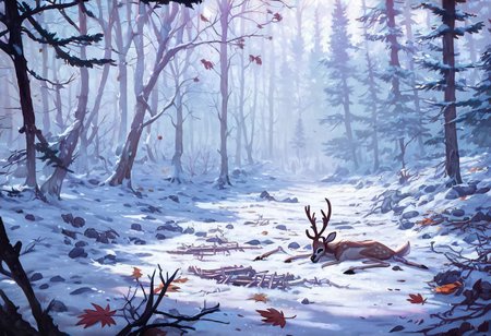 score_9,score_8_up,score_7_up, old forest, (SKELETON of a deer with large antlers in the foreground), dead dry leaves, forest floor, twigs, snow patch, realistic, ultra detail, FOCUS TREES