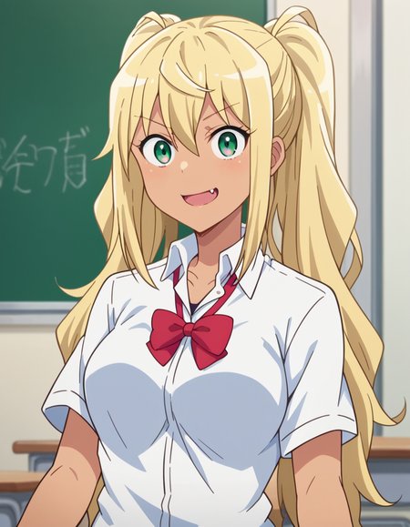 score_9, score_8_up, score_7_up, source_anime,
hibikisakura, <lora:hibiki-sakura-s1-ponyxl-lora-nochekaiser:1>
hibiki sakura, long hair, blonde hair, hair between eyes, twintails, green eyes, fang, dark skin, dark-skinned female, gyaru, mature female,
skirt, shirt, bow, school uniform, white shirt, short sleeves, collared shirt, bowtie, red bow, red bowtie,
indoors, classroom, smile,
looking at viewer, dutch angle, cowboy shot