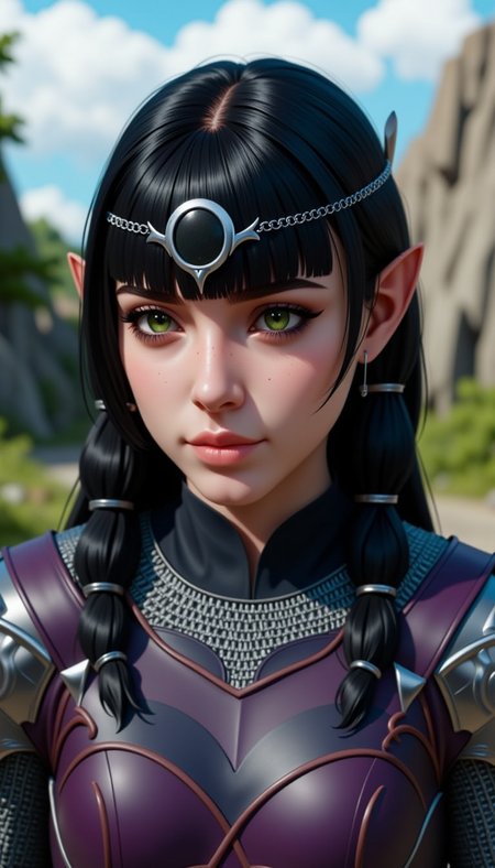 a sh4d0wh34rt female character.  This is a highly detailed, realistic digital image depicting close-up of young woman with an elf-like appearance. She has long, straight black hair bangs that frame her face, and eyes are striking green. wears distinctive headpiece adorned circular, black-and-white design sits above forehead. Her skin tone fair hint freckles on cheeks.
The dressed in medieval-style armor, featuring dark purple tunic high collar, which visible at the bottom image. armor intricate, metallic details brown leather texture, shoulder pads. also silver chain mail vest covers chest upper arms.
In background, there blurred, natural landscape rocky outcrops green foliage, suggesting rural or wilderness setting. The sky partly cloudy few scattered white clouds. set against light blue gradient, giving it slightly surreal feel. overall mood one adventure readiness, subject's expression reflecting calm, focused demeanor.