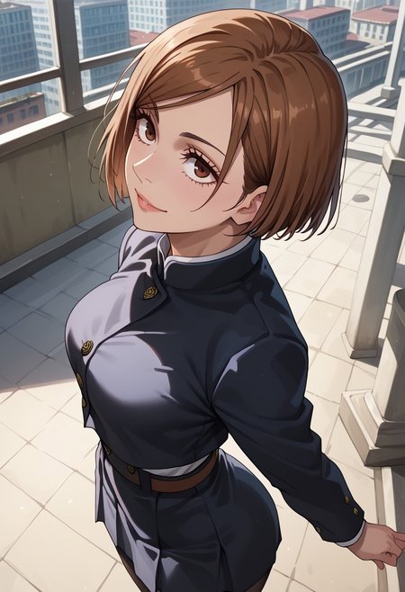 anime artwork, score_9, score_8_up, score_7_up, score_6_up, score_5_up, solo, perfect eyes, detailed eyes, beautiful female, detailed face, dynamics lines, 20 year old, perfect beautiful face, long eyelashes, sharp eyes pupils, city, (above view), side view,  smile, medium breasts, wide hips, hips,,1 girl, nobara, brown hair, short hair, brown eyes, school uniform, black jacket, brown belt, black skirt, black pantyhose, brown loafers,