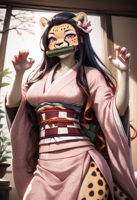 score_9, score_8_up, score_7_up, source_furry, beautiful female cheetah, furry ,1 girl(cheetah), middle breasts,detailed face,kind look, bit gag, gag, japanese clothes, long hair, kimono, pink kimono, black hair, bamboo,  claw pose, pink eyes, solo, ribbon, asa no ha (pattern), haori, red nails, hair ribbon, checkered sash, sash, obi, fingernails, gagged, sharp fingernails, mouth hold, pink nails, pink ribbon, hc, ,castle room background(night,dark),Furry antro Cheetah dressed like  Nezuko, solo