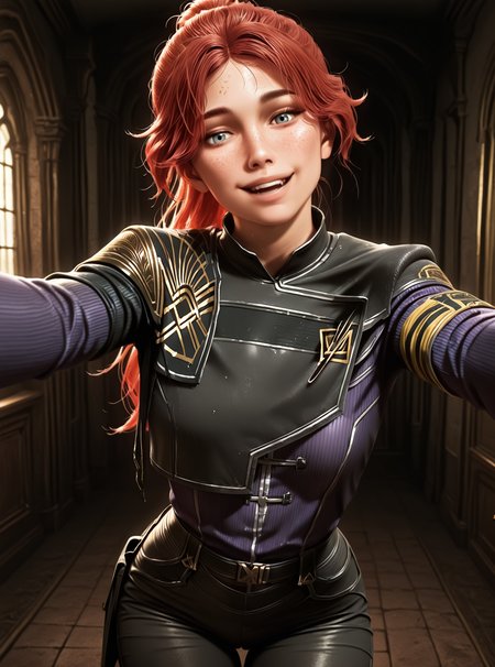 <lora:Maelle__Clair_Obscur_Expedition_33__Illustrious:1>
1 girl, solo, freckles, blue eyes, high cheekbones, narrow jaw, realistic face, long hair, red hair, high ponytail, parted bangs, messy strands,
dark bodysuit, black and purple outfit, long sleeves, gold shoulder armor, shoulder embroidery, geometric patterns, layered outfit, tight pants, tactical straps, fingerless gloves, glowing armband, sci-fi uniform, expedition insignia, 
score_9, score_8_up, score_7_up, score_6_up, rating_explicit, 1girl, solo, smile, alcalose eyes, open mouth, mansion, indoors, looking at viewer, outstretched arms, pov, close-up, (head tilt:1.2)